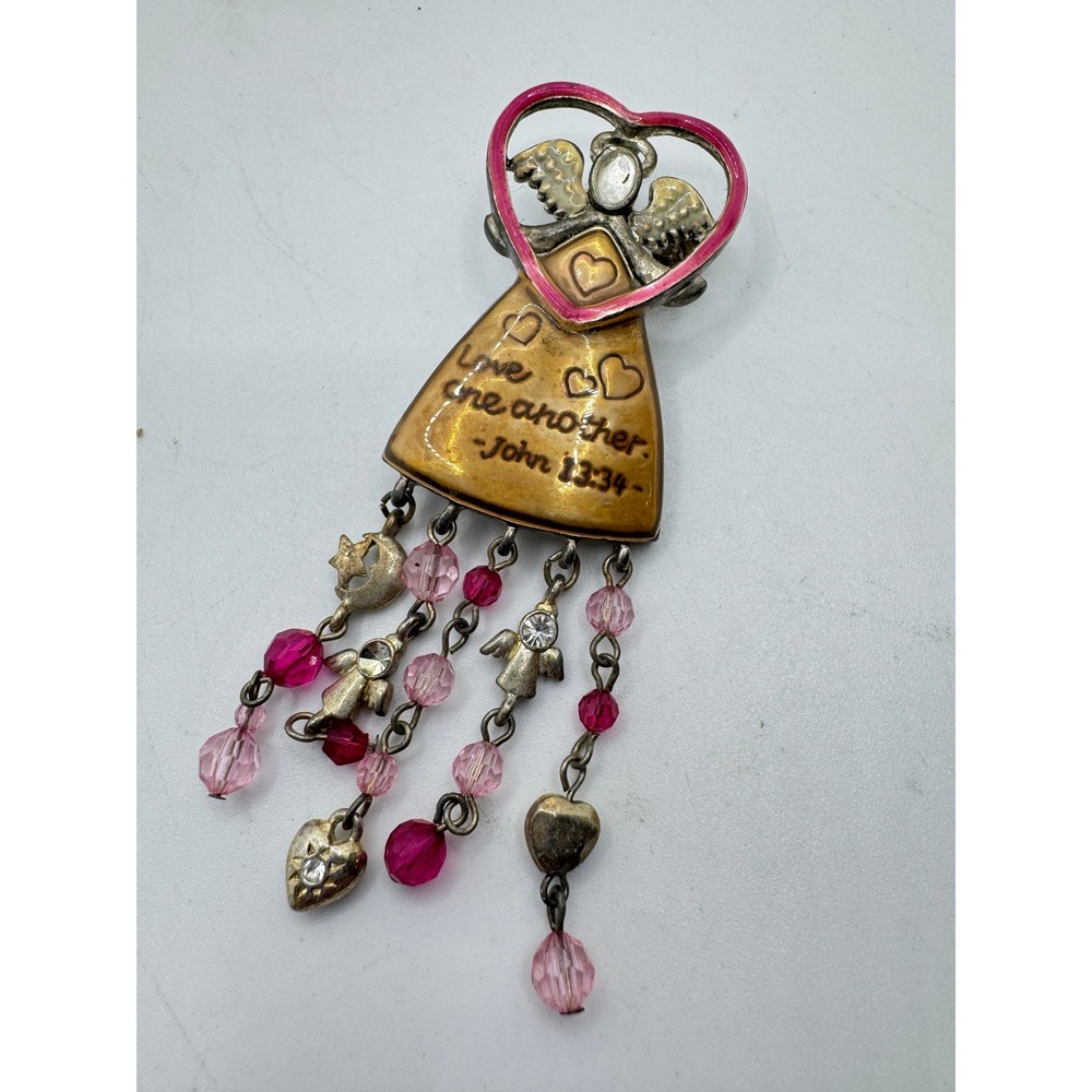 Vintage Angel Brooch Pin John 13:34 Love One Another Pink Heart Dangle Charms
